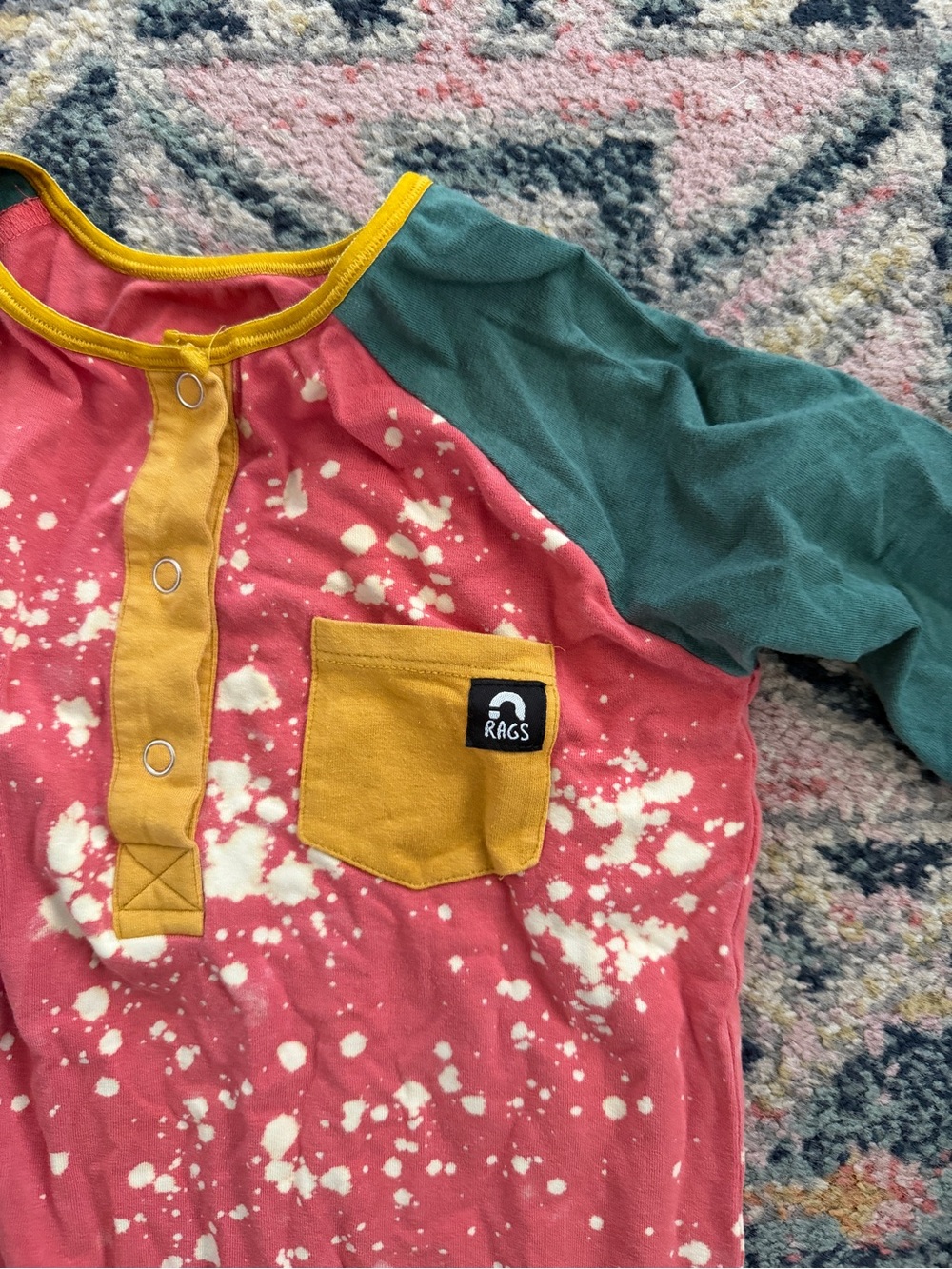 Rags to Raches Coral Pink and Teal Kids One Piece with Yellow Accents - Picture 3 of 3